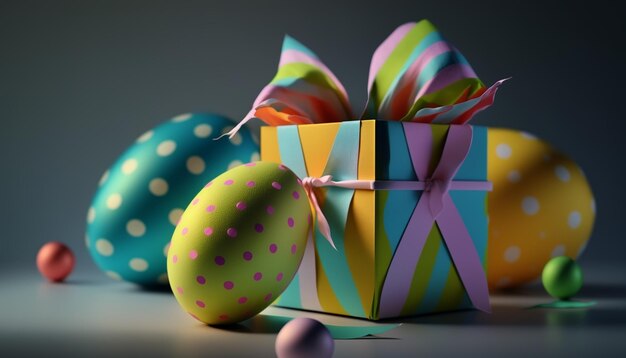 Little Bunny In Basket With Decorated Eggs Easter Card Generative AI