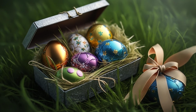 Little Bunny In Basket With Decorated Eggs Easter Card Generative AI