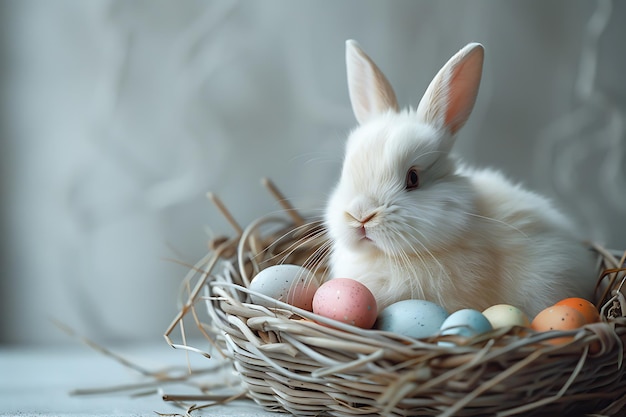 装飾された卵のバスケットの中の小さなウサギ イースターカード