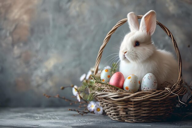 Little Bunny In Basket With Decorated Eggs Easter Card