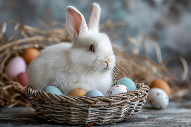 Little Bunny In Basket With Decorated Eggs Easter Card