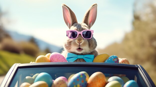 Photo little bunny in basket with decorated eggs easter card