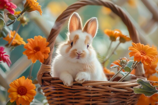 Foto piccolo coniglietto nel cesto con uova decorate carta di pasqua