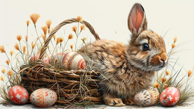 Маленький кролик в корзине с украшенными яйцами Пасхальная открытка