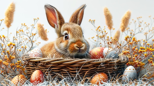 Little Bunny In Basket With Decorated Eggs Easter Card