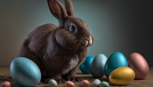 Маленький кролик в корзине с украшенными яйцами Пасхальная открытка
