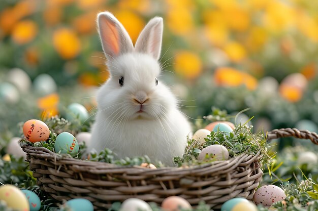 Little Bunny In Basket With Decorated Eggs Pasenkaart gegenereerd door AI