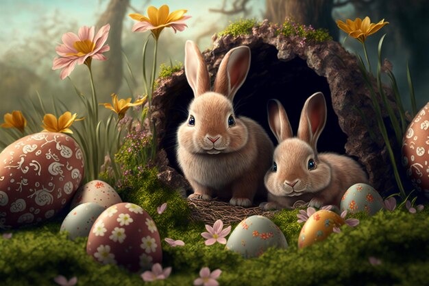 Little bunny rabbit with Flowery Meadow on the grass Decorated Eggs Easter Card generative ai