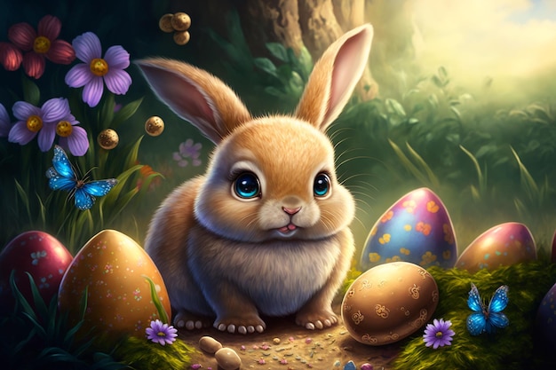 Little bunny rabbit with Flowery Meadow on the grass Decorated Eggs Easter Card generative ai