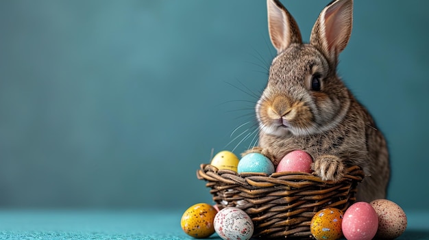 Little Bunny With Decorated Eggs on a blue background Easter Card