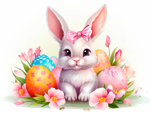 Little bunny with a pink bow on his head among flowers Easter eggs on a white background copy space