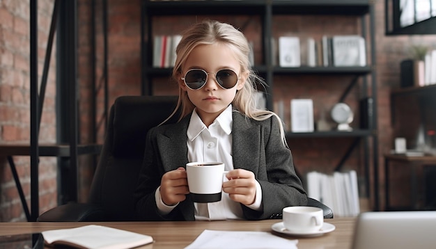Little businesswoman working in office drinking coffee workaholic girl child boss of big company