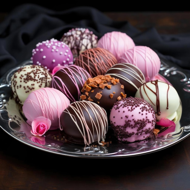 Photo little cake balls covered in chocolate in vibrant hues