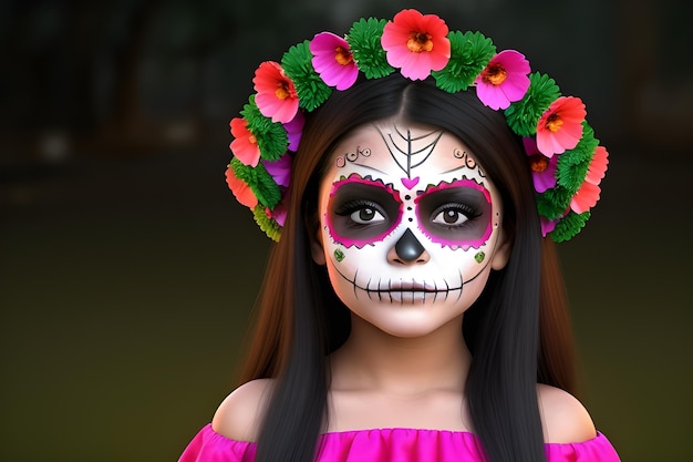 Little Calaca Beautiful Cute Mexicaans meisje in Day of the Dead make-up en kostuum AI Generative Illustration