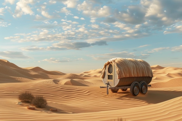 Фото Маленький караван едет по пустыне между дюнами в марокко