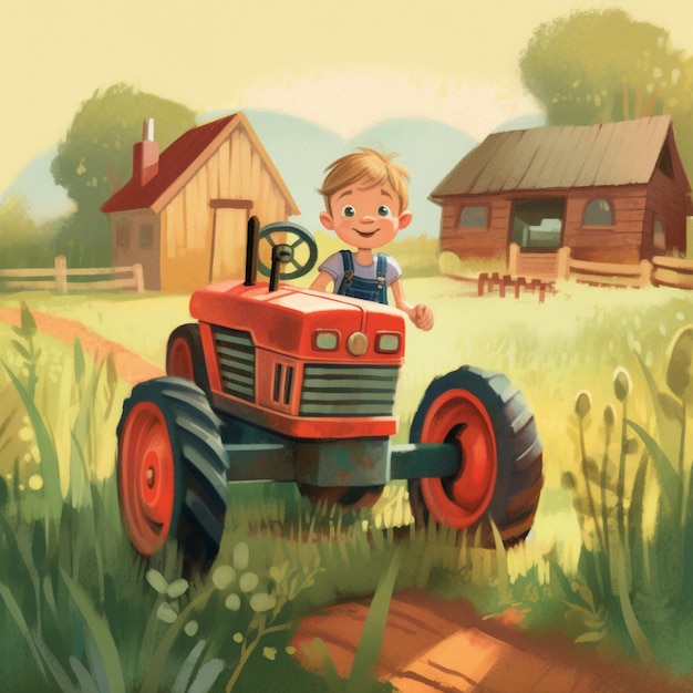 A Little cartoon boy drive tractor in farm