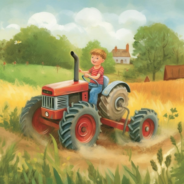 Маленький мультяшный мальчик водит трактор на ферме