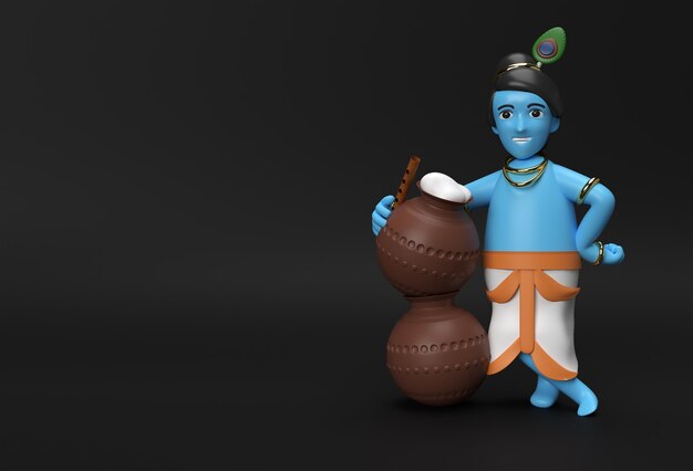 Photo little cartoon krishna with a pot of butter. 3d render illustration.