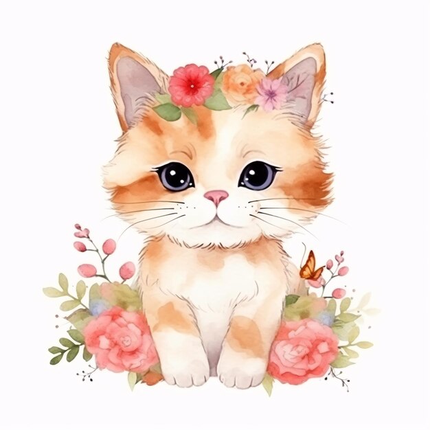Little cat cute baby kitten ginger spots with summer blossom flower watercolor paint art illustration generative ai