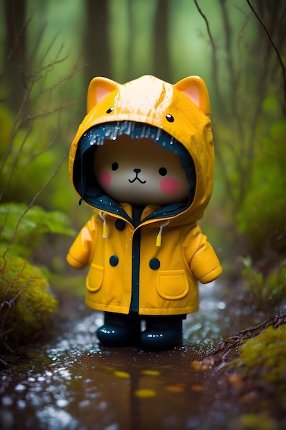 A little cat in a raincoat stands in a puddle