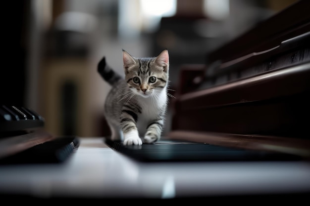 little cat running at the camera over the piano keys