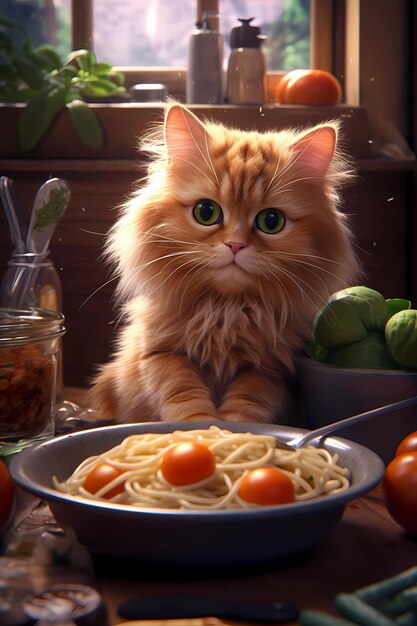 小さな猫がテーブルに座ってお皿を見ています