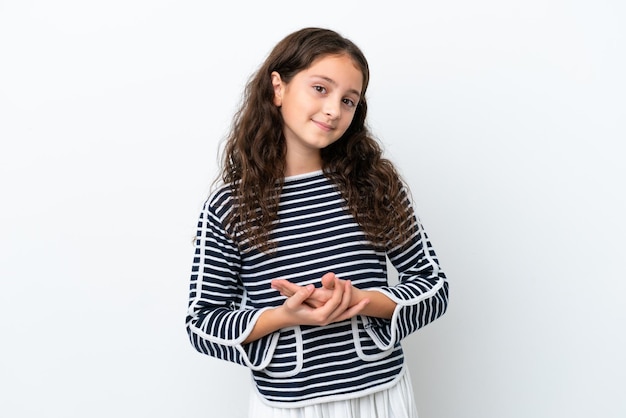 Little caucasian girl isolated on white background laughing