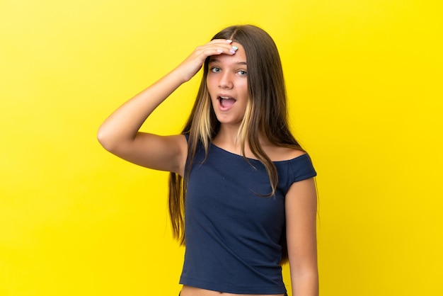 Little caucasian girl isolated on yellow background doing surprise gesture while looking front