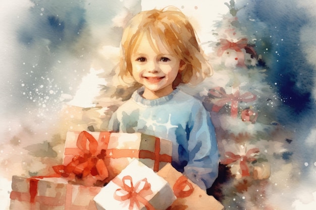Little Caucasian girl sitting before Christmas tree with lot of gift boxes Watercolor drawing
