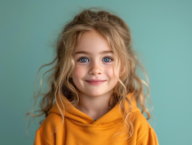 little caucasian girl with colorful sweatshirt in professional colorful photo studio background