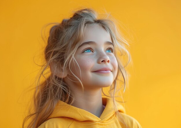 little caucasian girl with colorful sweatshirt in professional colorful photo studio background