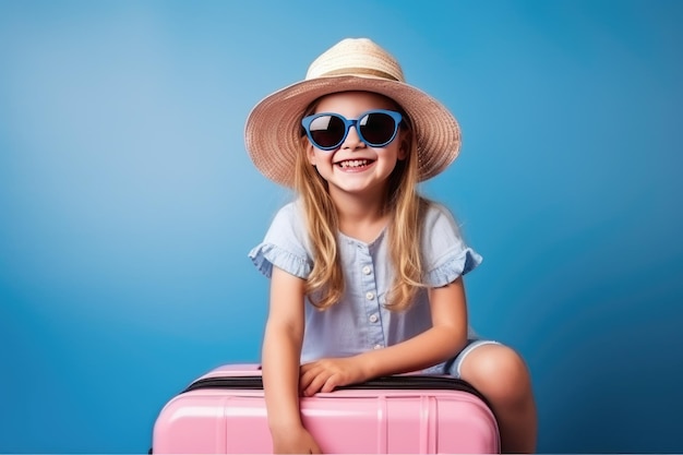 Маленькая жизнерадостная девочка в шляпе, солнечных очках и синем платье сидит на розовом чемодане на синем простом фоне.