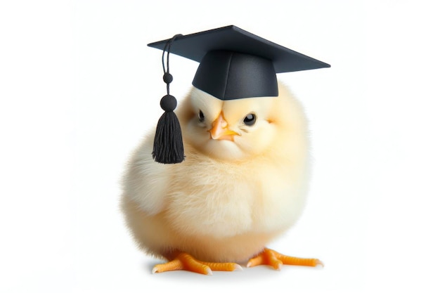 Фото Маленький цыпленок в шапке для выпускников, изолированный на белом фоне.