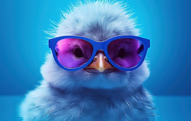 a little chick is wearing a pair of blue sunglasses in the style of solarization effect