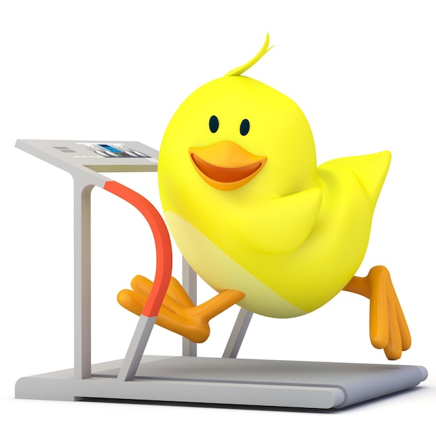 Little chick running on treadmill 3D render