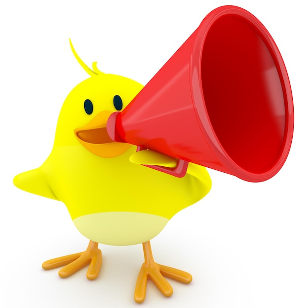 Little chick with a red megaphone 3d render