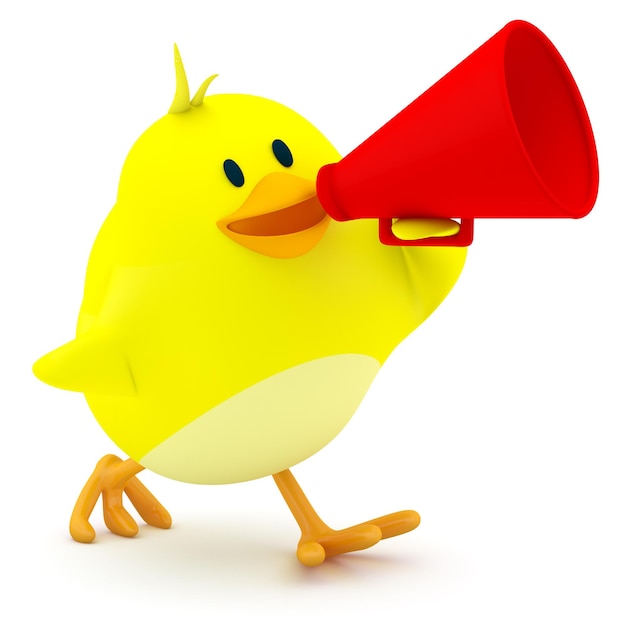 Little chick with a red megaphone 3d render