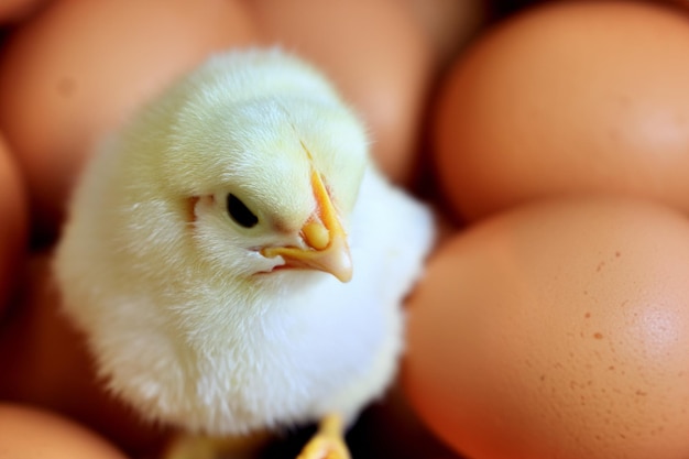 Маленький цыпленок и куриные яйца Вид сбоку