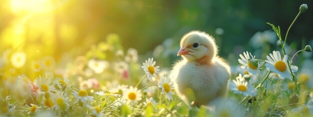 Little chicken on spring meadow with colorful easter eggs Yellow bird on spring sunny field