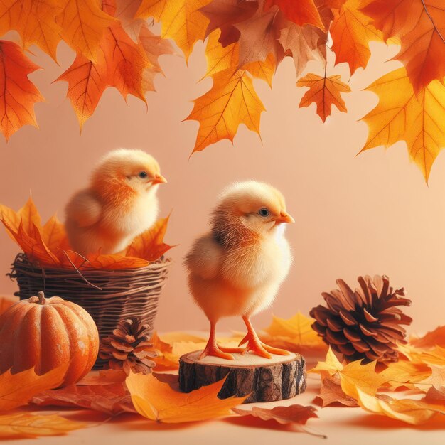 Little chickens among autumn leaves