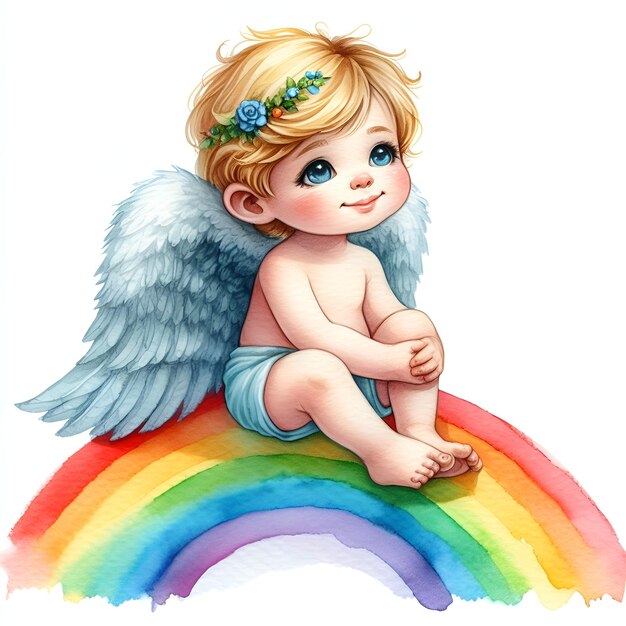 Photo little child angel sitting on the rainbow watercolor paint