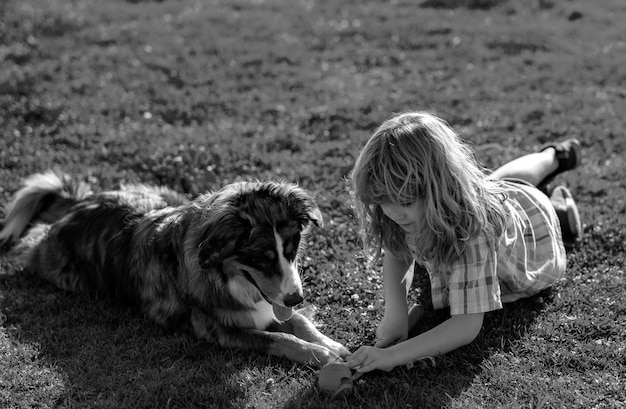 Little child boy with pet dog outdooors in park