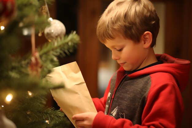 Photo little child boy writing letter to santa claus on christmas and new year background indoors