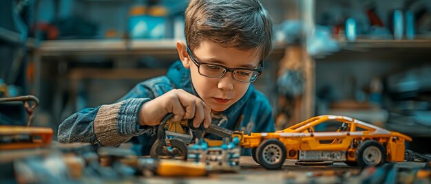 Foto bambino che costruisce un'auto giocattolo