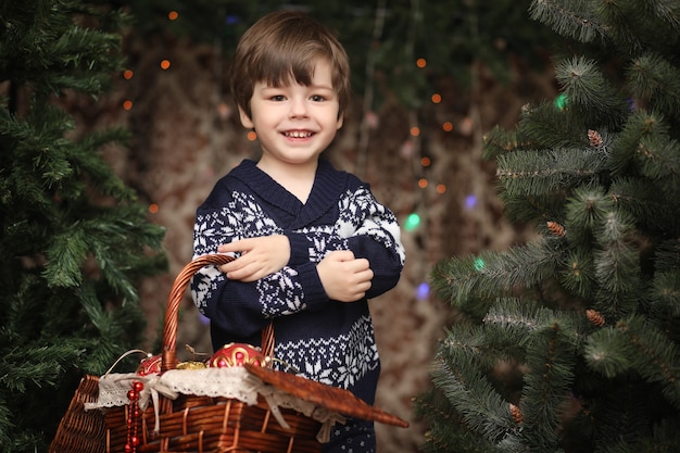 新年のツリーのそばの小さな子供。子供たちはクリスマスツリーを飾ります。スタジオの緑の木のそばのセーターの赤ちゃん。