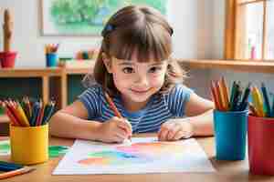 Photo little child girl drawing picture with pencils and watercolor sitting at the table drawing kid activity in art class