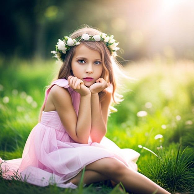 a little child girl sitting on grass with beautiful background