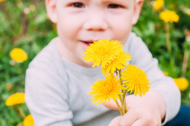 little child holding a bouquet of yellow dandelions