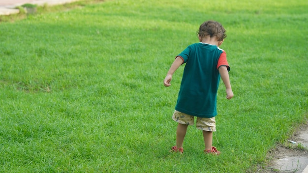 Little child playing with grass