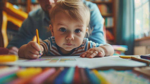 Foto un bambino che si esercita a disegnare con il padre